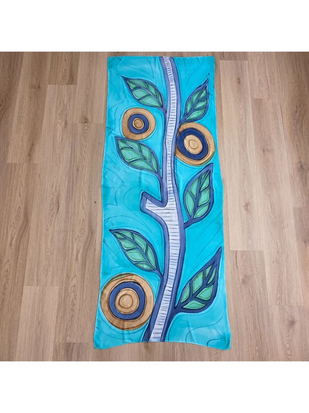 Hand Painted Scarf  Abstract Tree & Leaf Design In Aqua & Gold Tones 27"x68"